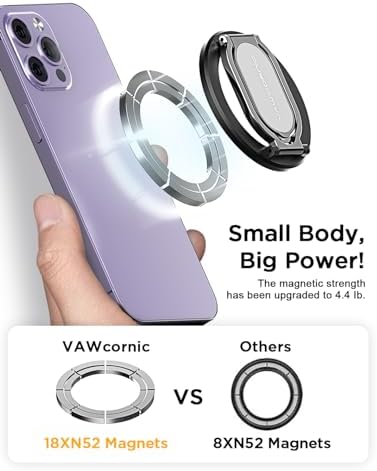 VAWcornic Magnetic Phone Ring Holder: Dual-Sided Grip & Stand for Mag Safe i Phone 14/13/12 & All Smartphones – Ultra-Lightweight Design for Optimal Stability and Versatile Viewing Angles