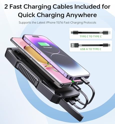 10,000 m Ah Solar Power Bank with Motion Sensor Alarm – 22.5 W Dual USB-C Fast Charging, Waterproof & Rugged for Outdoor Adventures – Includes LED Flashlight & Essential Cables for Hiking, Camping, and Emergencies