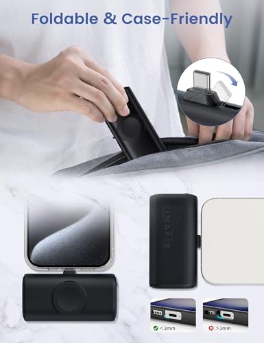 RORRY Ultra-Compact 5000 m Ah Power Bank for i Phone 15 & 16 – Foldable USB-C Fast Charger with 15 W Output, Sleek Black Design for Apple Devices and Apple Watch, Perfect for On-the-Go Power Needs