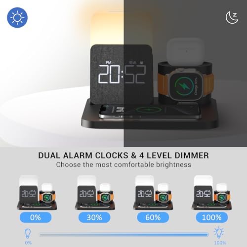 Multifunctional 3-in-1 Charging Station with Alarm Clock and Night Light for i Phone 15, 14, 13, 12, 11, Pro Max & Apple Watch – Space-Saving Wireless Charger Dock for Air Pods – Enhanced Fast Charging and Sleek Design for Home and Office