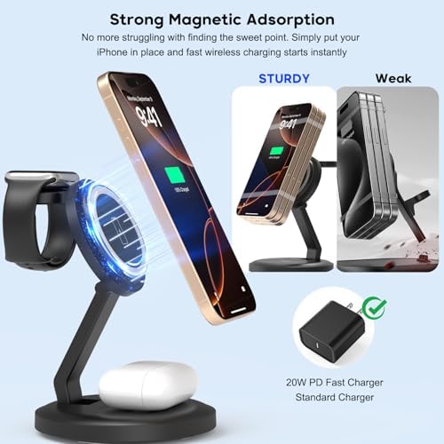 Ultimate 3-in-1 Magnetic Wireless Charging Station for Apple Devices – Foldable Design with Enhanced Magnetic Alignment for i Phone 16/15/14/13/12, Apple Watch Series 9/8/7/6/SE, and Air Pods Pro/2/3/4 – Fast Charging with 20 W PD Adapter and USB-C Cable Included – Travel-Friendly, Compact, and Efficient Power Solution for All Your Apple Gear – Experience Seamless Charging with Superior Stability and Optimized Viewing Angles, Perfect for Home, Office, or On-the-Go Use – Elevate Your Charging Experience Today!