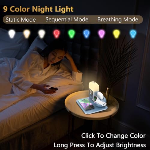 Elevate Your Charging Experience: 3-in-1 Wireless Charging Station with Night Light & Alarm Clock for i Phone 11-16 & Apple Watch – Fast 30 W Ga N Charger – Sleek Blue Design for Modern Living Spaces