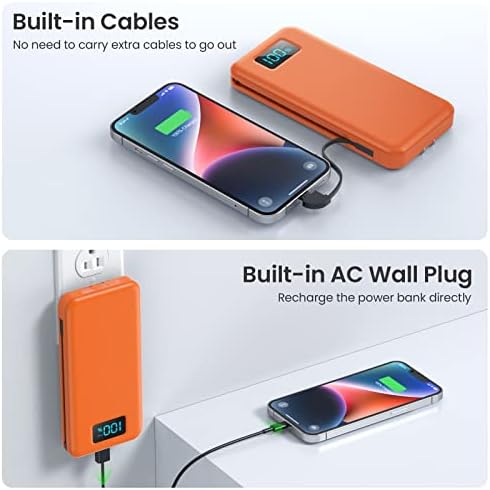 Ultra-Slim 13800 m Ah Portable Charger with Built-in Cables & AC Plug – Multi-Device USB-C Power Bank with 4 Outputs & LCD Display for i Phone, Samsung, and Android – Effortless Charging on the Go