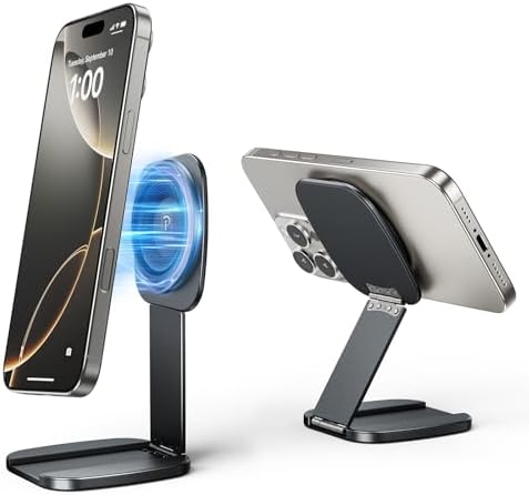 Dual Magnetic Phone Stand for Desk,Adjustable Aluminium Phone Holder for MagSafe,Foldable and Portable Cell Phone Mount for Gym and Travel,Compatible with iPhone 16/15/14/13/12 (Grey) – Enhanced Compatibility and Speed
