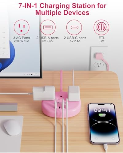 Stylish Brown Extension Cord with 1080 J Surge Protection – 5 FT Flat Braided Design Featuring 3 AC Outlets & 4 USB Ports (24 W/4.8 A) for Fast Charging – Ideal Tan Desk Accessory for Powering Devices Safely & Efficiently