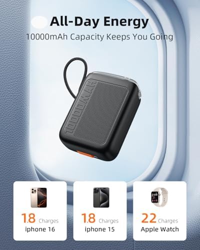 Compact 30 W Retractable USB-C Power Bank with Fast Charging – Sleek Dual Charging Battery Pack for i Phone 15, Android Devices & Laptops – Integrated 60 cm Cable & LCD Display for Ultimate On-the-Go Power Solutions