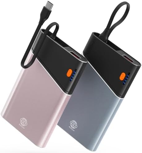 Sleek 5000 m Ah Pink Portable Power Bank with Integrated USB-C Fast Charger – Ultra-Compact Mini Battery Pack for i Phone 16/15/14 & Samsung S24 – Lightweight Design with Handy Lanyard for Effortless Travel Charging