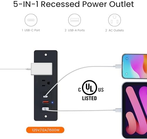 Recessed Power Strip with 15 W Wireless Charging & PD20 W USB-C Fast Charge – Sleek Flush Mount Design for Nightstands, Sofas, and Tables – Maximize Space and Efficiency with Dual Outlets and USB Ports for Ultimate Convenience