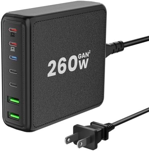 260 W 7-Port USB-C Charging Hub – High-Efficiency Dual 65 W Charger for Mac Book Pro/Air & i Phone 14/13 Series – Smart Power Distribution & Compact Design for Home, Office, and Travel Use – Versatile Fast Charging Station with GAN Technology for All Your Devices