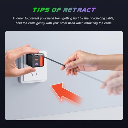 Premium 65 W USB-C Fast Charger with Retractable Cable & Dual USB Ports – Compact Travel Adapter for Seamless Charging of Mac Book, i Phone 16 Pro Max, Galaxy S24 & More – Efficient Power Delivery on the Go