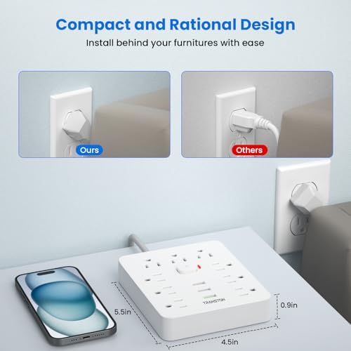Ultimate Power Strip Surge Protector with 9 Outlets & 3 USB Ports – Fireproof Desktop Charging Hub with Space-Saving Flat Plug for Home & Office, 5 ft Extension Cord, Enhanced Safety & Speed for All Devices