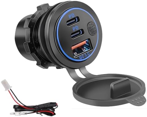 18 W Triple Port USB Car Charger with Switch – Quick Charge 3.0 & Dual PD USB-C Dashboard Mount for Cars, Trucks, and Boats – Energy Efficient Blue Charging Solution for All Your Devices on the Go