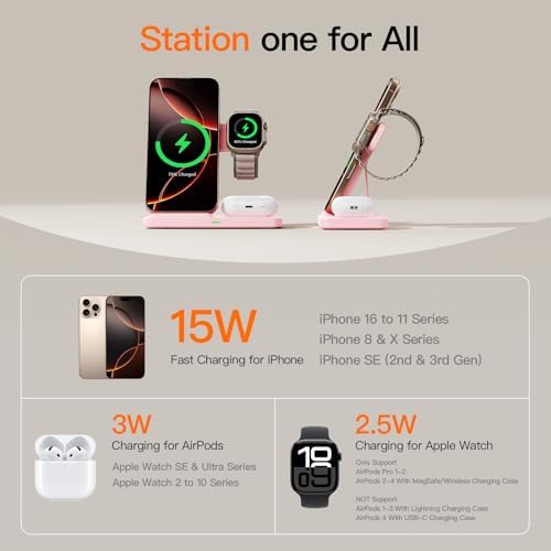3-in-1 Wireless Charging Station for Apple Devices – 15 W Fast Charger Stand for i Phone 16/15/14/13/12/11, Apple Watch, and Air Pods – Convenient Portable Design with Enhanced Compatibility and Safety Features for Home and Travel – Perfect Gift for Tech Enthusiasts