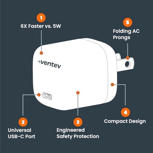 Ventev 30 W USB-C Fast Charging Wall Charger – Compact Design for i Phone 16/15 Series, Air Pods Pro, i Pad Pro, Pixel 9, Samsung Galaxy S25 Ultra | Effortless Power Boost for On-the-Go Charging in Sleek White Finish