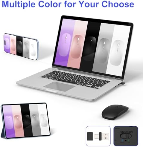 Sleek Silver Bluetooth Wireless Mouse for Mac Book Air & Pro – Ergonomic, Rechargeable, and Silent Tri-Mode Connectivity (2.4 G USB-C/USB-A, Bluetooth 5.2/3.0) for Ultimate Productivity on the Go