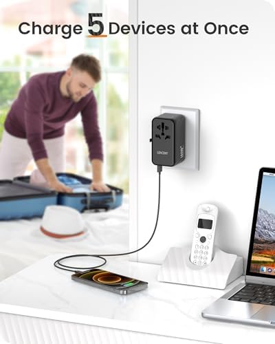 LENCENT 85 W Universal Travel Adapter with Retractable USB-C Cable – High-Speed International Plug Converter Featuring 3 Type-C & 1 USB-A Ports for Effortless Worldwide Charging – Your Ultimate Travel Essential for Maximum Compatibility, Fast Charging, and Ga N Technology Efficiency