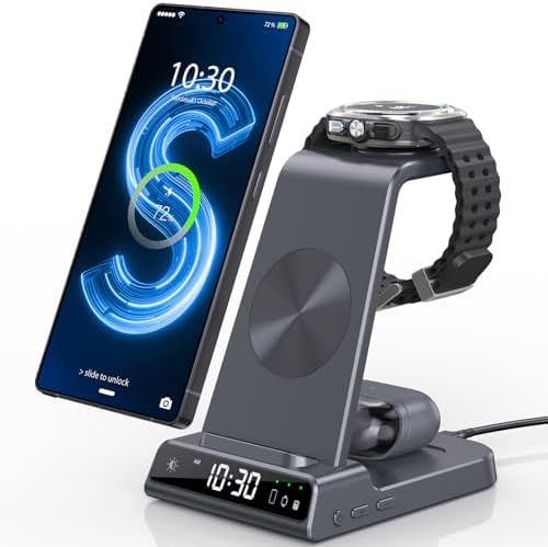 Upgrade Your Charging Experience with the Premium 3-in-1 Wireless Charger Station for Samsung Devices – Ultra-Fast Dock for Galaxy S24 Ultra, S23 Ultra, Z Flip 6, Fold 5, Galaxy Watch 7/6/5 Pro, and Buds – Modern Wood Grain Design with Integrated Clock for Enhanced Organization and Style