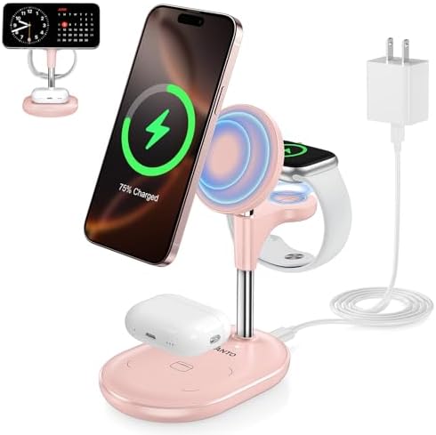 All-in-One Wireless Charging Station for Apple Devices – 15 W Fast Qi-Certified Mag-Safe Charger for i Phone 16, 15, 14, 13, 12, Apple Watch & Air Pods – Adjustable Viewing Angle, Ideal Gift for Women – Enhance Your Charging Efficiency and Style