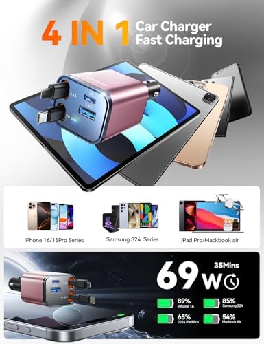 JOYROOM Ultra-Compact 84 W Retractable Car Charger – Fast USB-C Charging for i Phone 12-16 | Travel Essential Car Adapter for Quick Device Power-Up | Sleek Design, Tangle-Free Cable, Perfect Gift for Men & Women