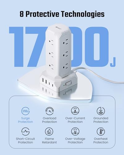 Maximize Your Charging Efficiency with the SUPERDANNY Power Strip Tower Surge Protector – 9 Outlets & 4 USB Ports, 10 Ft Extension Cord, 1080 Joules Surge Protection, Grounded Safety Design for Home and Office Use – Stylish Black Desktop Charging Station for Clutter-Free Solutions