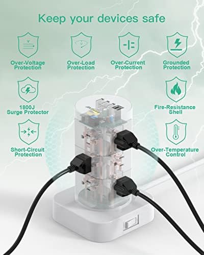 High-Performance Surge Protector Power Strip Tower with 12 AC Outlets and 4 USB Fast Charging Ports – 10 FT Extension Cord for Ultimate Flexibility, Ideal for Home, Office, and Dorm Room Essentials – Space-Saving Design with Advanced Surge Protection