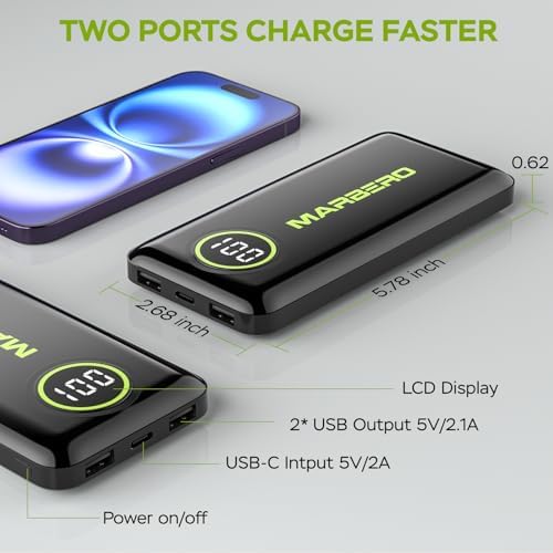 MARBERO 10000 m Ah Ultra-Light Portable Power Bank – Dual USB-A & USB-C Fast Charging for Smartphones, Tablets, and Laptops – Compact Design for On-the-Go Convenience – High Capacity for Extended Use – Ideal for Outdoor Adventures and Daily Commutes – Lightweight 8.16 oz Design Fits Easily in Pockets – Rapid 5 V/2 A Charging Technology for Quick Power Ups – Recharge Your Devices Simultaneously with Dual Outputs – Perfect for Travelers and Busy Professionals – Reliable Energy Source with Impressive Battery Endurance – Includes User Manual and Packaging for Easy Handling – Stay Charged Anywhere, Anytime with MARBERO’s Premium Power Solution