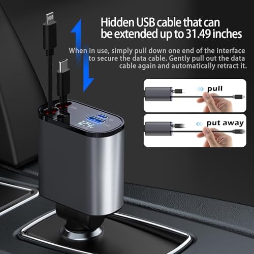 Kwak’s Retractable USB C Car Charger – Ultra-Fast Charging Adapter with Dual Apple Cables for i Phone 14, 13, 12, 11 | Tidy Retractable Design for Effortless On-the-Go Power Solutions | Compact & Portable Vehicle Charging Accessory