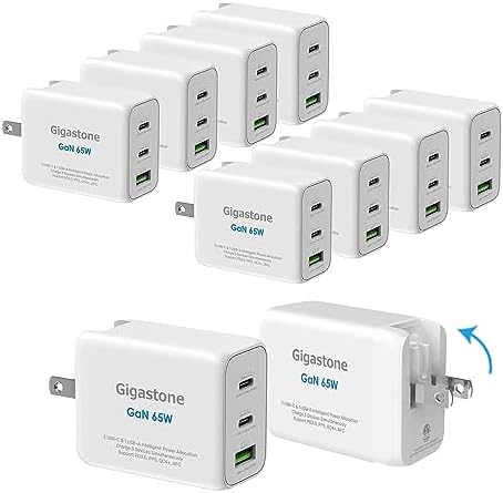 Gigastone 65 W Ga N USB C Charger 2-Pack: Ultimate Fast Charging Solution with Intelligent Power Allocation for Mac Book, Dell XPS, i Phone 16/15, i Pad, Galaxy S24 – Compact Foldable Travel Adapter for Maximum Compatibility and Efficiency