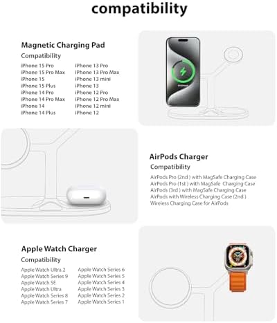 Ultimate 3-in-1 Mag Safe Wireless Charging Station for Apple Devices – Fast, Space-Saving Charger for i Phone 12-16, Apple Watch, and Air Pods – Enhanced Compatibility and Sleek Design for Organized Spaces