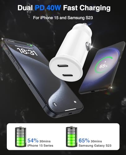 Ultimate 40 W Dual USB-C Car Charger for i Phone 16/15 & i Pad Pro – MFi Certified Fast Charging Adapter with 6 FT USB-C Cable for Galaxy S24/S23 – Premium Power Solution for On-the-Go Connectivity in Sleek White Finish