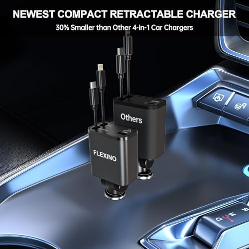 Flexino 69 W Retractable Car Charger for i Phone 16 & Galaxy – Dual USB-C Fast Charging Adapter with 2.6 ft Cords for Seamless Road Power – Compact, Stylish, and Versatile Car Charger Accessory for All Devices