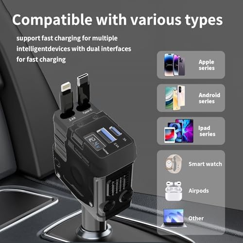 Ultimate 4-in-1 Retractable Car Charger – 69 W USB-C Adapter with Dual Ports, Shock Absorption Technology for i Phone 16 and More, Travel-Ready Power Solution with 31.5-inch Tangle-Free Cables, Essential Road Trip Accessory for Multi-Device Charging