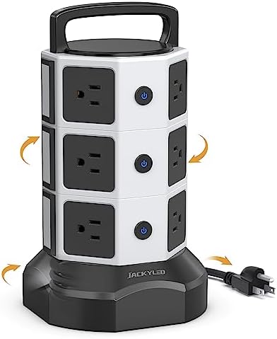 JACKYLED Power Strip Tower Surge Protector with 12 Outlets and 6 USB Ports (2 USB-C) – High-Speed Charging Station with 1050 Joules Protection, 1625 Watts, 6.5 ft Extension Cord for Enhanced Home Office Efficiency and Device Safety