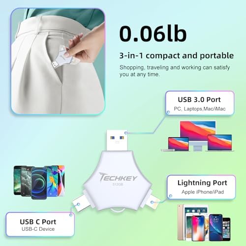 MFi Certified 128 GB USB 3.0 Flash Drive – 3-in-1 External Memory Stick for i Phone, i Pad, Android & PC – High-Speed Data Transfer for Photos, Videos & Backup – Ultimate Portable Storage Solution for Effortless Data Management and Secure File Sharing