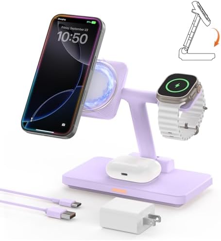 GEEKERA 3-in-1 Foldable Wireless Charging Station: Ultimate Charging Hub for i Phone 15/14/13/12/11 Pro Max/X/8, Apple Watch Ultra/SE/8/7/6/5/4, and Air Pods 2/3/Pro – Enhanced Fast Charging & Portability for Modern Tech Users