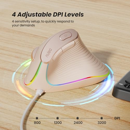 Nulea M504 Ergonomic Wired Vertical Mouse with 4 Adjustable DPI Settings and 11 RGB Lighting Modes – Ultimate Comfort and Precision for Laptop, PC, Desktop, and Mac Users
