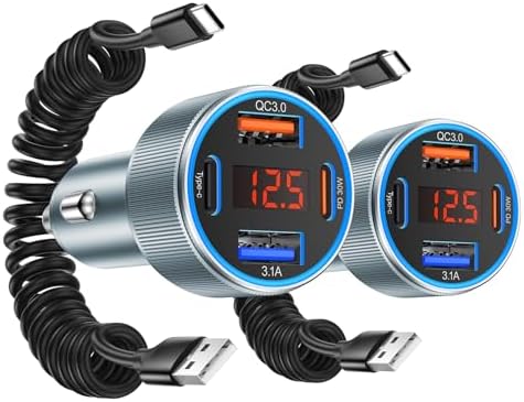 4-Port Fast Charging Car Charger for i Phone 16 & 15 Pro Max – Besgoods USB-C Adapter with Integrated Voltmeter & 3 ft Retractable Cable for Galaxy S24 & A15 Android – Ultimate Travel Charging Solution