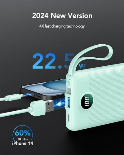 VRURC 22.5 W Pink Portable Charger – 10000 m Ah Power Bank with Fast Charging Capability, USB-C Dual Functionality, 4 Outputs & 3 Inputs – Essential Travel Companion for i Phone 16/15/14/13, Samsung & Android Devices – Compact Design for On-the-Go Power Management