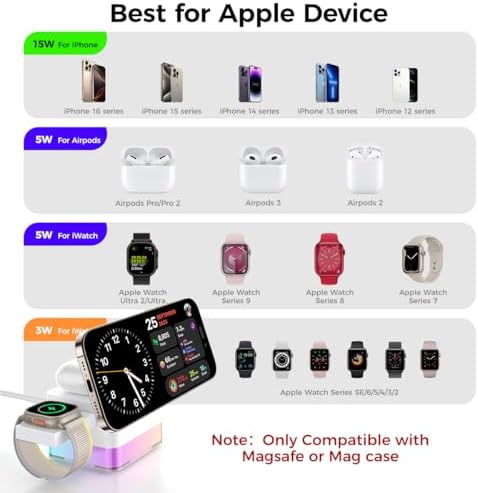 15 W Magnetic Wireless Charging Station – 3-in-1 Fast Charger with Night Lamp for i Phone 16/15/14/13/12, Apple Watch, and Air Pods – Sleek Design for Enhanced Compatibility and Efficient Power-Up