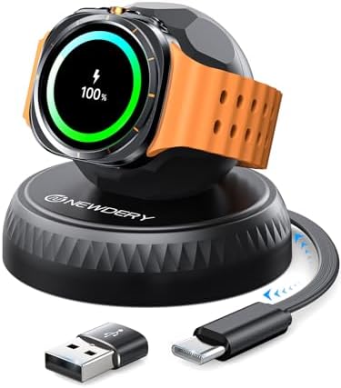 NEWDERY Galaxy Watch 7 Retractable Wireless Charger Stand – Fast Magnetic Charging Solution with USB-C Cable & USB A Adapter – Compatible with Samsung Smartwatches 6 Classic, 5 Pro, 4, 3, Active 2, 1 – Sleek Design for Home and Office Efficiency – Ultimate Smartwatch Charging Dock