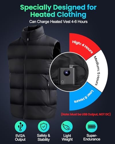 Stay Warm and Connected: 5 V 2 A Heated Vest Battery Pack with LCD Display – 10000 m Ah Portable Charger for i Phone & Android Devices – Fast Charging Dual Output Power Bank for Outdoor Enthusiasts and Active Lifestyles