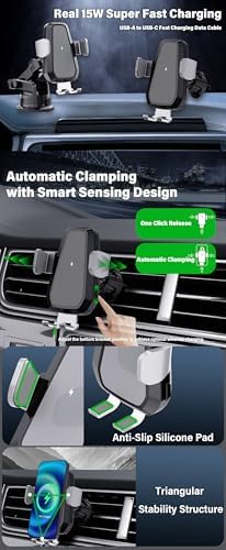 Sleek Silver 3-in-1 Wireless Car Charger & Phone Mount – Effortless Fast Charging for i Phone 16/15/14/13/12/11 & Samsung Galaxy S23/S22/S21/S20/S10+/S9+/Note 9 – Auto-Clamping Design for Safe, One-Handed Operation & Adjustable Viewing Angles