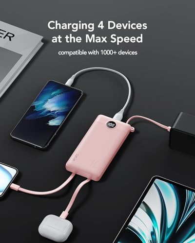 VRURC 22.5 W Pink Portable Charger – 10000 m Ah Power Bank with Fast Charging Capability, USB-C Dual Functionality, 4 Outputs & 3 Inputs – Essential Travel Companion for i Phone 16/15/14/13, Samsung & Android Devices – Compact Design for On-the-Go Power Management