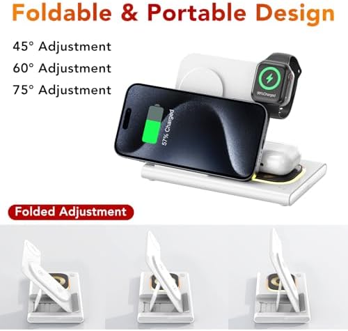 Ultra-Convenient 3-in-1 Foldable Wireless Charging Dock for Apple Devices – Rapid Power-Up Station for i Phone 16/15/14/13/12/11/X/XS, Apple Watch Series 10/9/8/7/Ultra2/Ultra/SE, and Air Pods Pro/2/3/4 – Lightweight Travel Charger with Integrated LED Light for Enhanced Portability and Efficiency