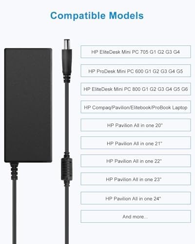 HP All-in-One Desktop Power Adapter – 90 W & 65 W AC Charger for 18″ to 27″ Models – 7.4 mm x 5.0 mm Plug – Enhanced Safety Features & Wide Compatibility – Ideal for Elitebook & Pavilion Series – 8.85 ft Long Cord – 12-Month Warranty Included – Reliable Power Supply with Overload & Short-Circuit Protection – Perfect Replacement for Multiple HP Models – CE/FCC/ROHS Certified for Safe Operation – Quality Assured Performance for Optimal Device Functionality