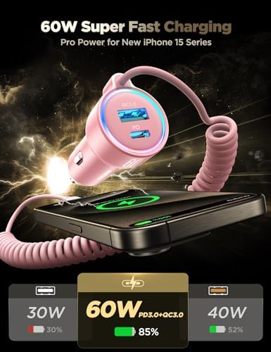 High-Speed USB C 72 W Car Charger for i Phone 16 Pro Max Plus & Multi-Device Compatibility – Rapid PD & QC3.0 Charging with 5 ft 36 W Type C Coiled Cable for Samsung Galaxy S24/S23/S22, Pixel, Moto, LG, and More – Ultimate Travel Accessory for Uninterrupted Power on the Go