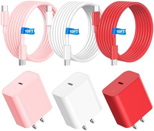 Ultimate i Phone Fast Charging Solution: 3-Pack 10 FT USB-C Cables & 20 W Wall Charger – Compatible with i Phone 15/16 Pro/Max/Plus – Stylish Pink, White, Red – Unmatched Speed & Versatility for All Your Devices