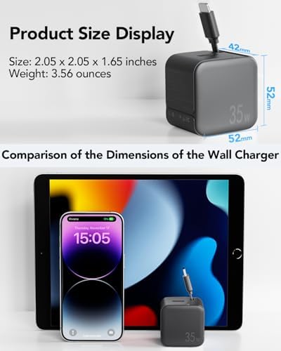 Rapid 35 W Ga N USB Wall Charger with Retractable Lightning Cables – Portable and Sleek Charging Solution for i Phone 14/13/12 & i Pad – Tangle-Free Design for Effortless Travel and Enhanced Compatibility with Apple Devices
