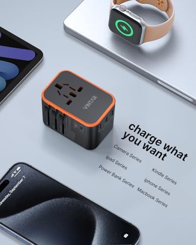 VINTAR Universal Travel Adapter: All-in-One Power Converter with 6 A Output, 3 USB-C and 2 USB Ports for Fast Global Charging Across Europe, UK, USA, and Australia – Essential Travel Accessory for Effortless Device Connectivity and Safety Features