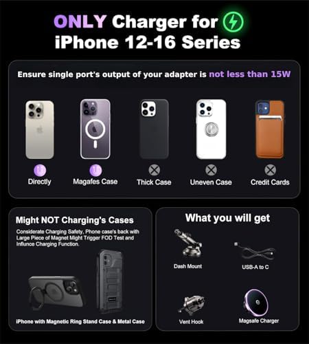 Mag Safe Wireless Car Charger Mount – Ultimate Magnetic Phone Holder for i Phone 12-16 Series, Dash/Windshield/Vent Compatibility, Enhanced Quick Charge with LED Light for Safe Navigation and Seamless Connectivity